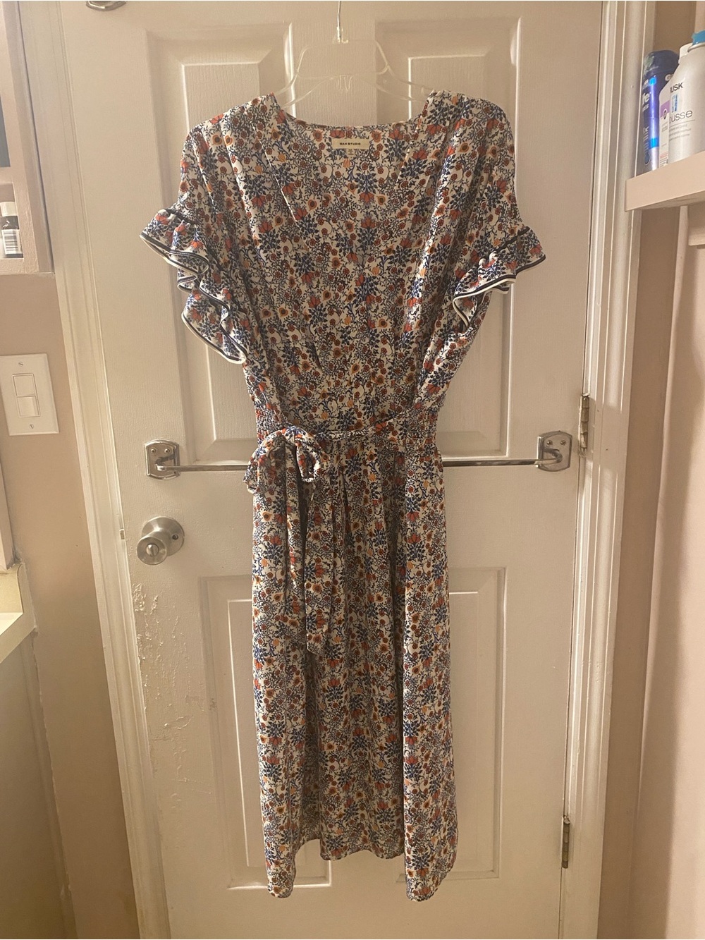 Max Studio Floral Tie-Waist Midi Dress in Autumn Colors